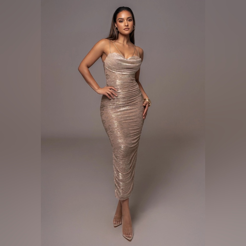 JLUXLABEL Metallic Champagne Ruched Midi Dress